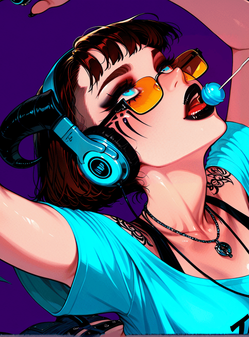 woman, headphones, sunglasses, lollipop, tattoo, tail, bracelet, necklace, t-shirt, cherry