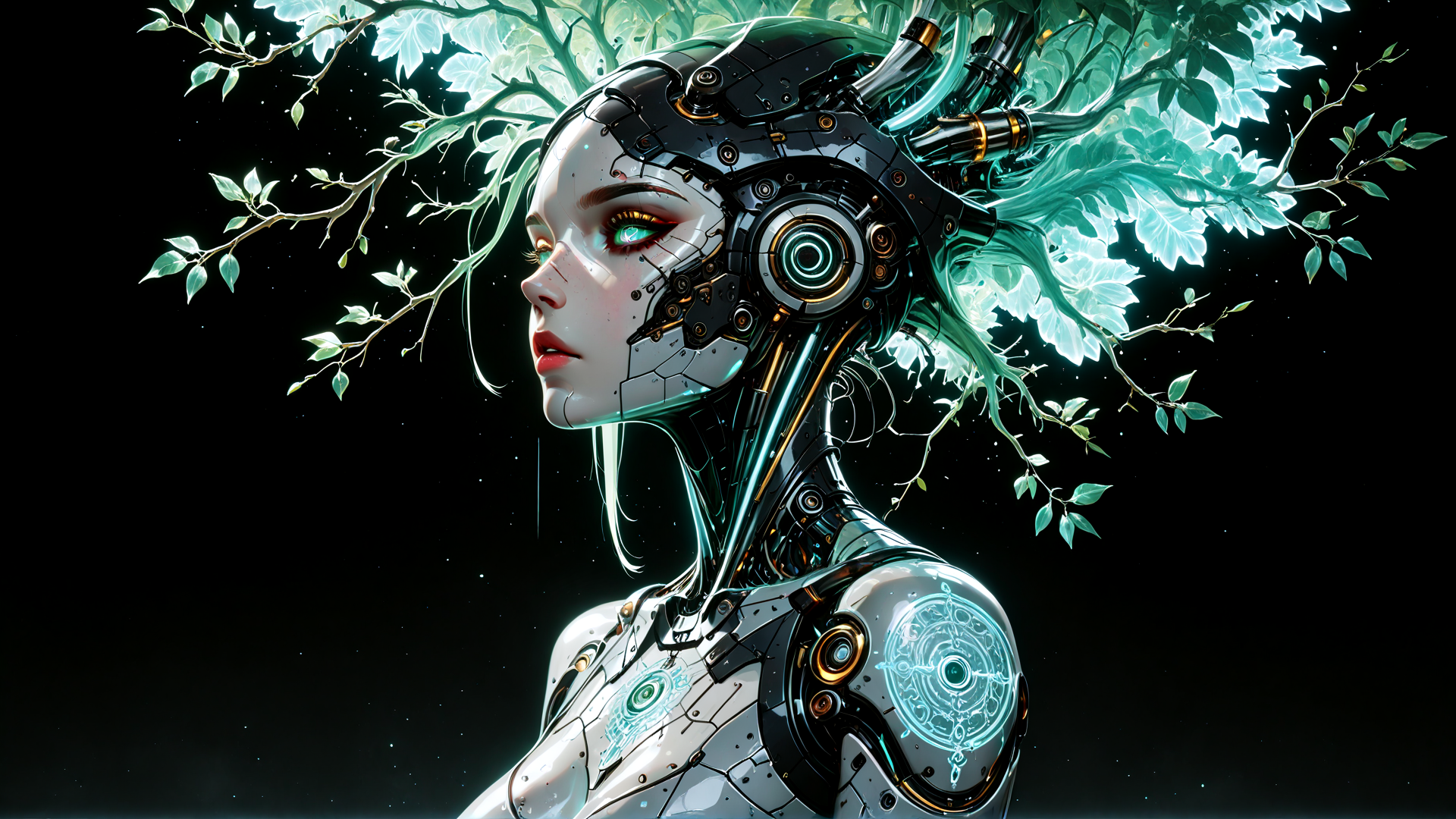 AI generated wallpaper featuring robot, woman, tree, branch, leaf, cybernetic, head, neck, shoulder, glow