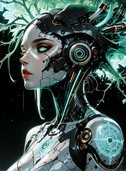 robot, woman, tree, branch, leaf, cybernetic, head, neck, shoulder, glow