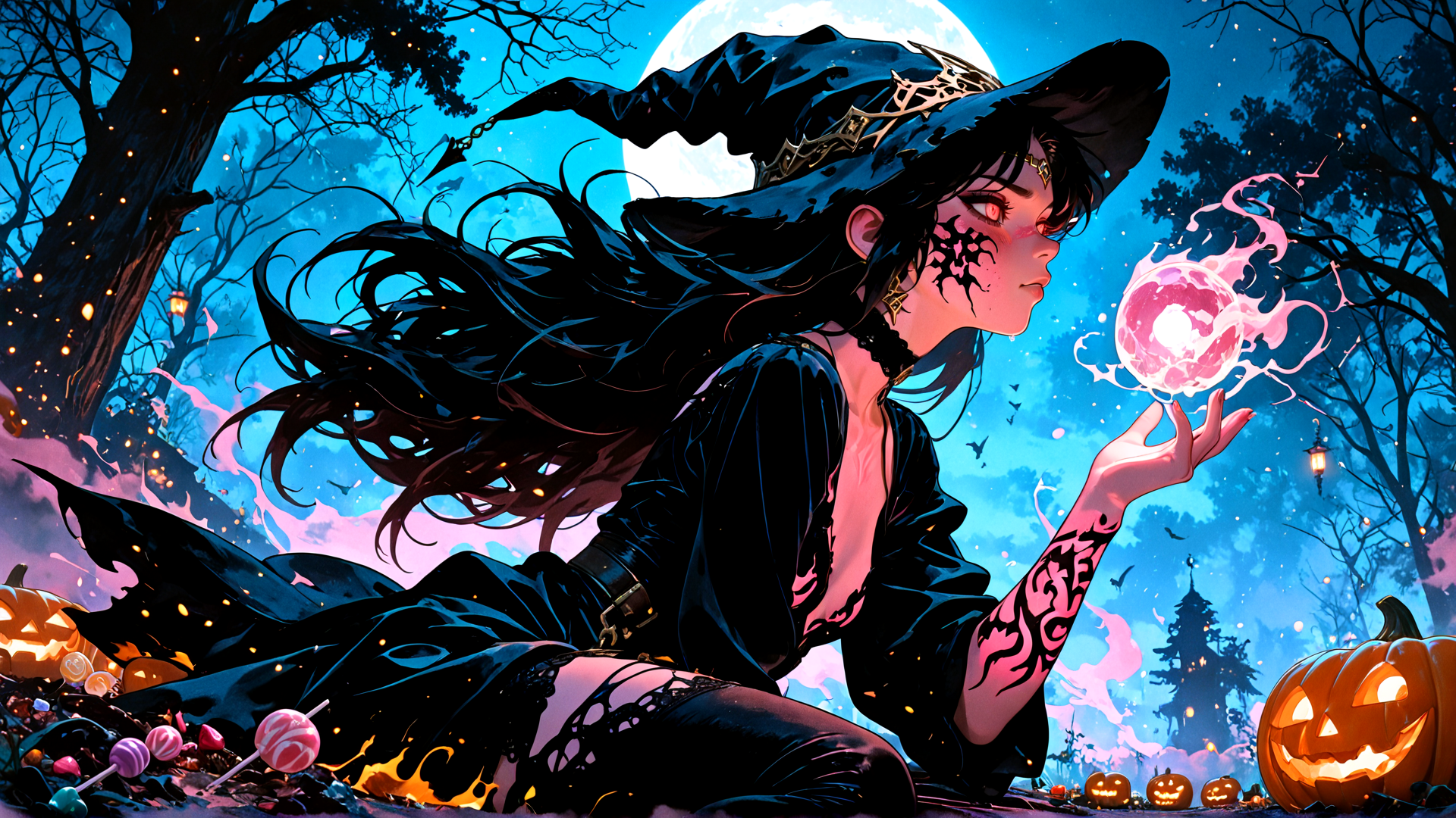 AI generated wallpaper featuring witch, crystal, pumpkin, trees, lollipops, moon, bats, candy, lanterns, fire