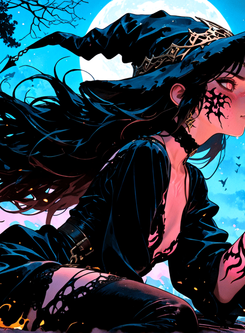 witch, crystal, pumpkin, trees, lollipops, moon, bats, candy, lanterns, fire