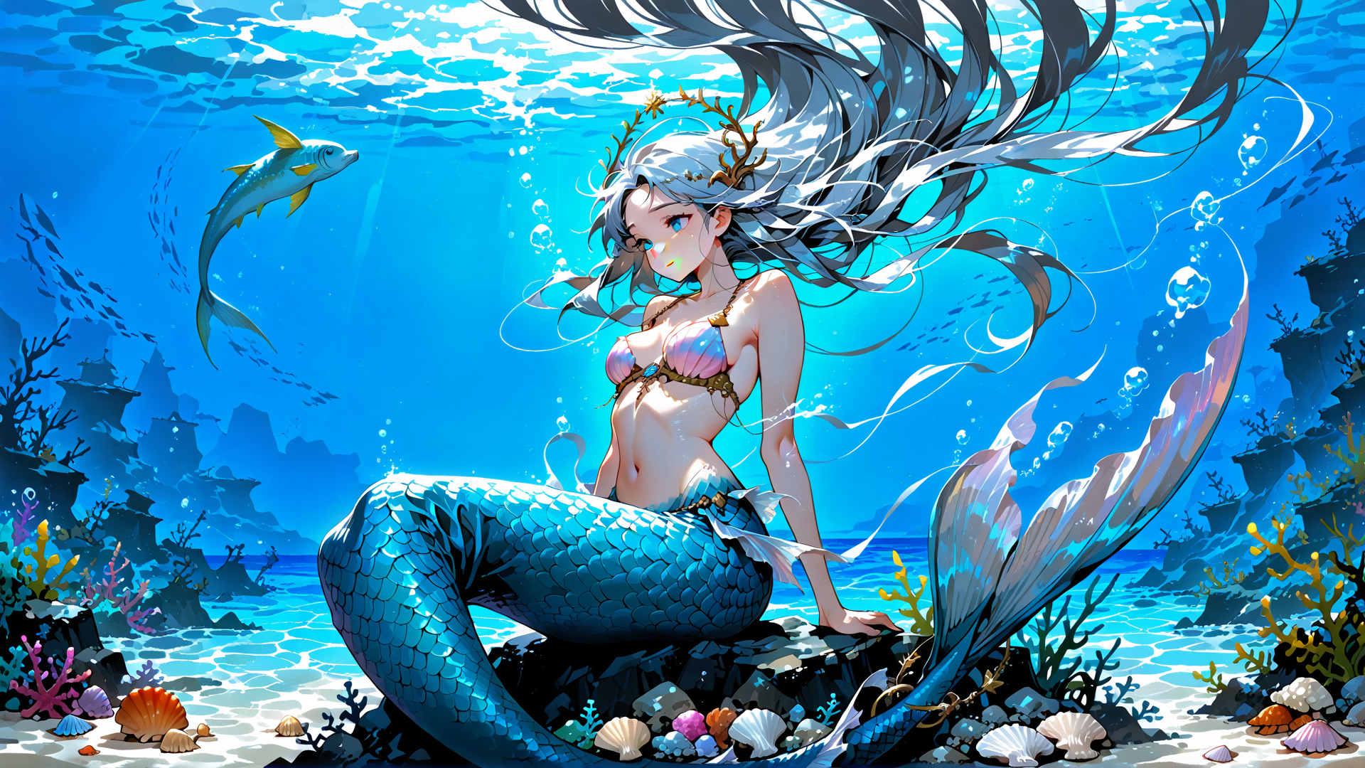 AI generated wallpaper featuring mermaid, fish, coral, seashells, seaweed, bubbles, sunlight, ocean, rock
