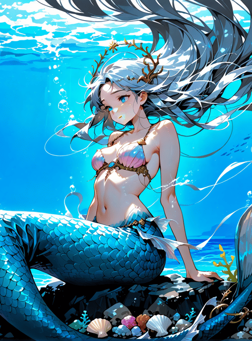 mermaid, fish, coral, seashells, seaweed, bubbles, sunlight, ocean, rock