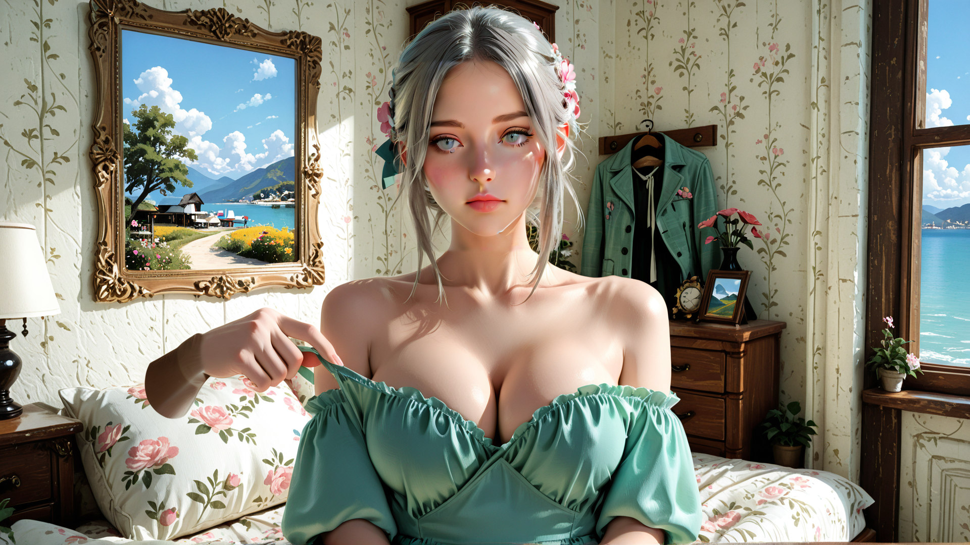 AI generated wallpaper featuring woman, bedroom, dress, flowers, window, painting, jacket, pillow, lamp, bed