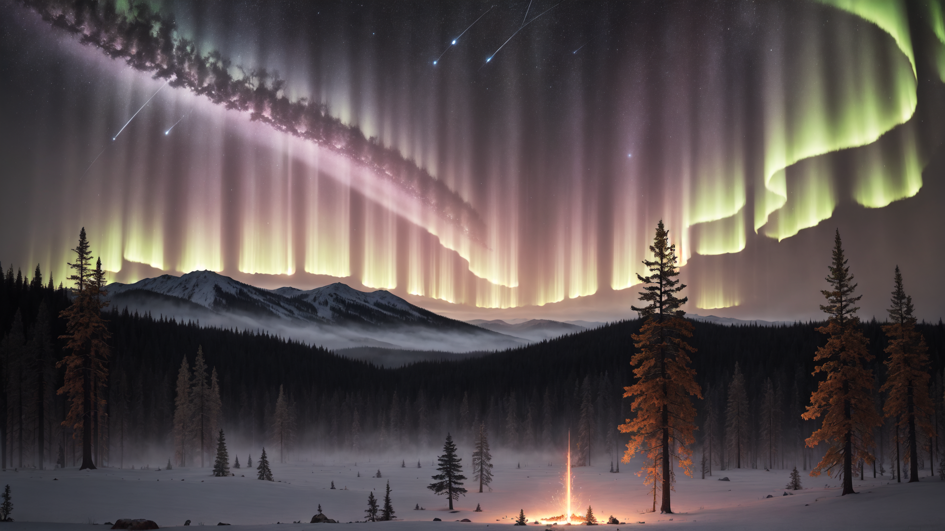 AI generated wallpaper featuring aurora, mountains, trees, fire, snow, forest, sky