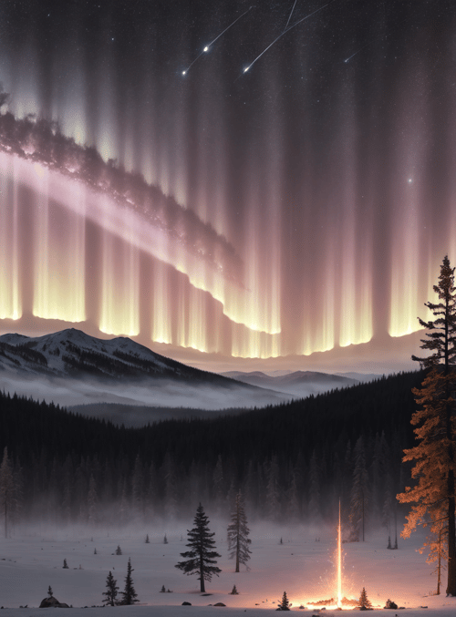 aurora, mountains, trees, fire, snow, forest, sky