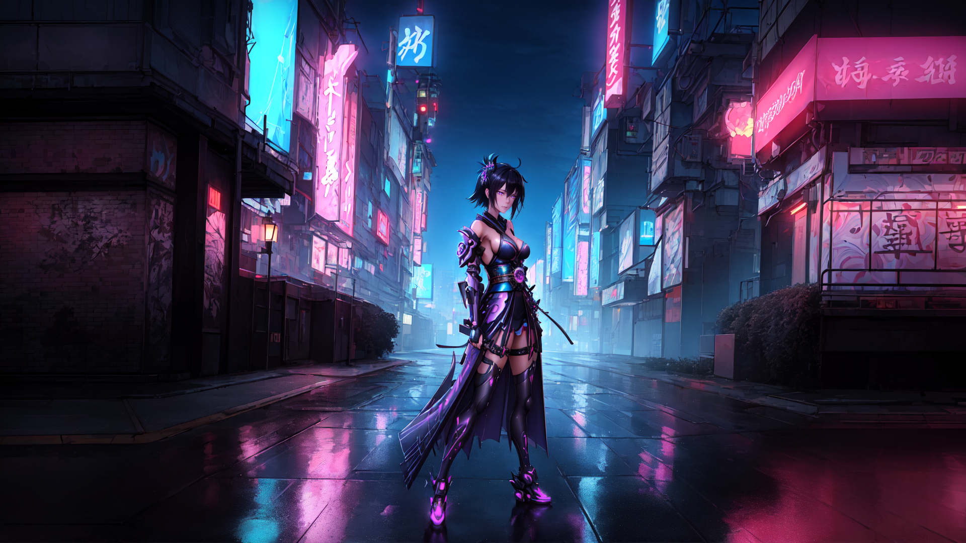AI generated wallpaper featuring cyberpunk warrior, neon street