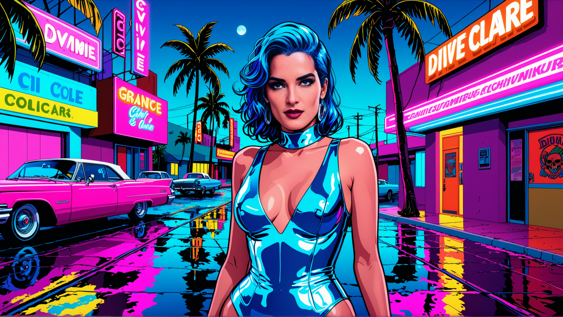 AI generated wallpaper featuring woman, palm trees, neon signs