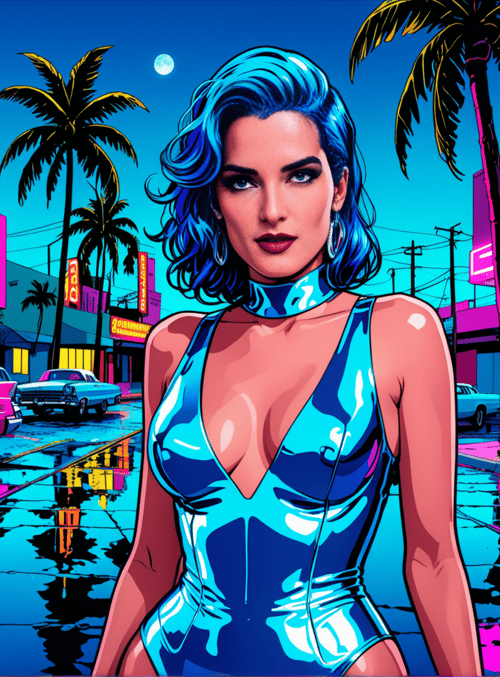 woman, palm trees, neon signs