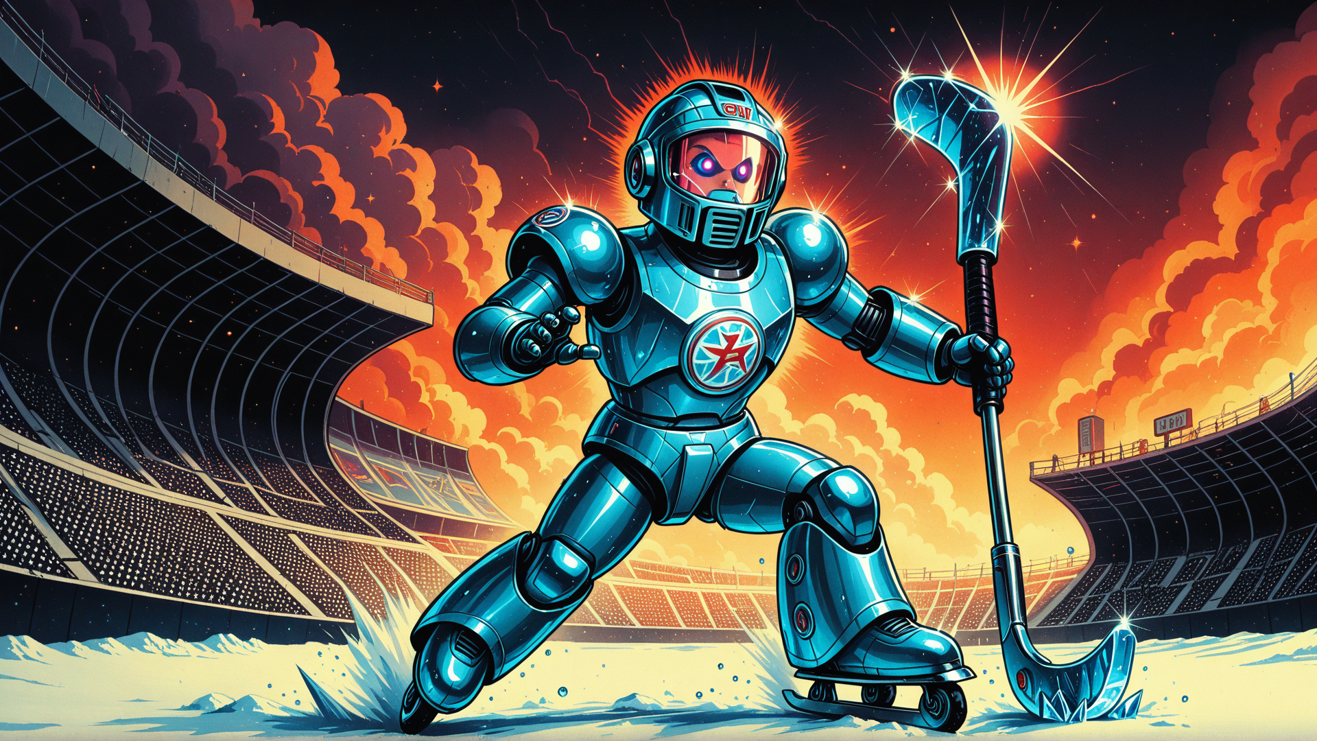AI generated wallpaper featuring robot, hockey, helmet, ice, stadium, puck, skates, uniform, star, gloves