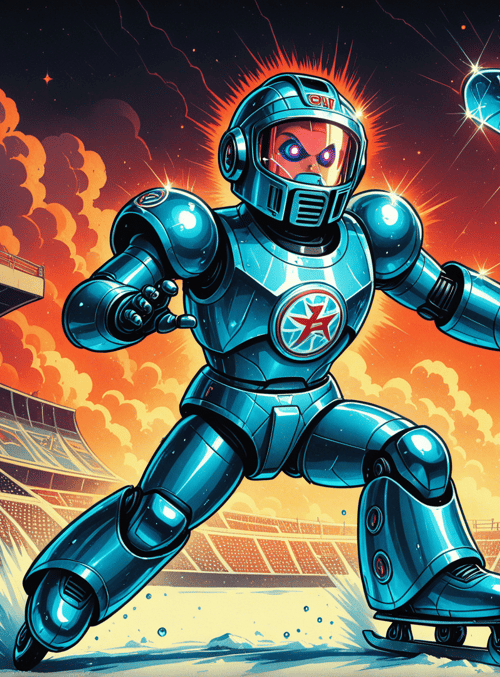 robot, hockey, helmet, ice, stadium, puck, skates, uniform, star, gloves