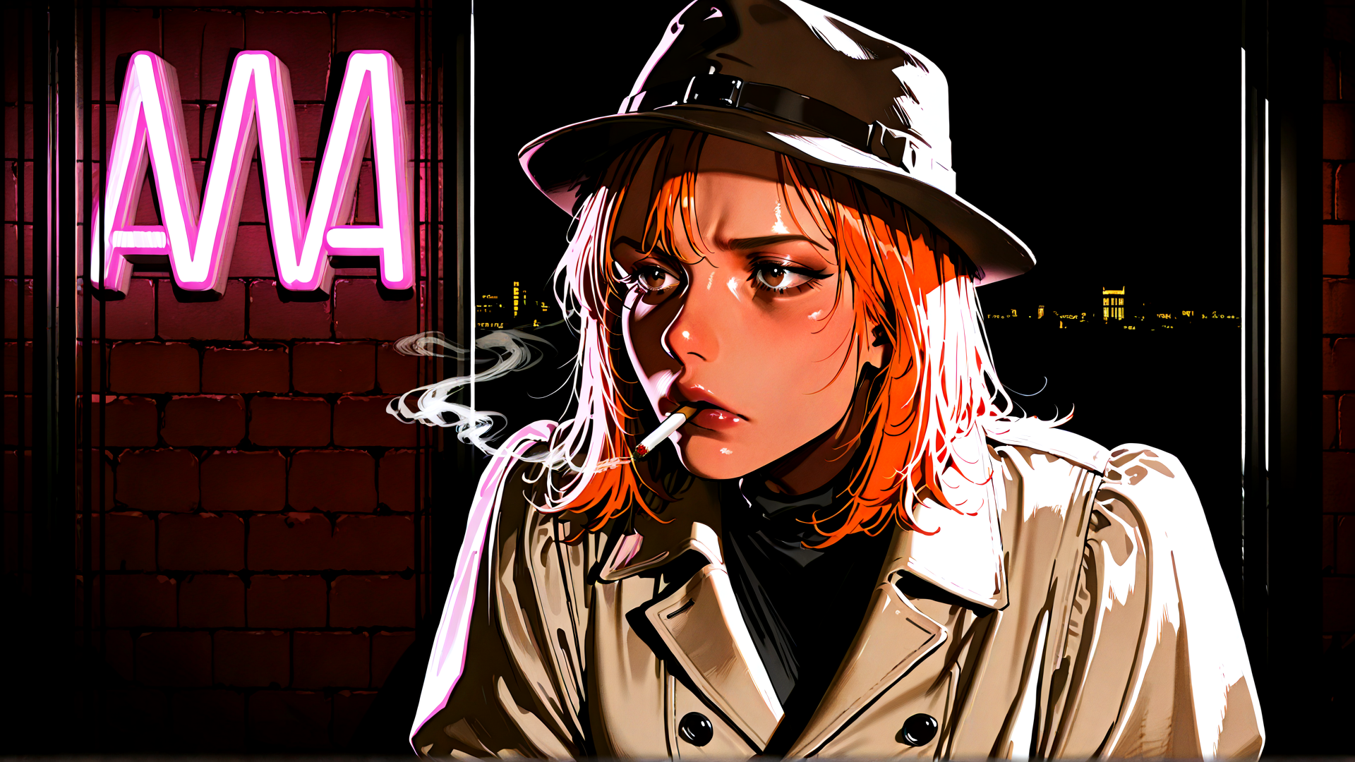AI generated wallpaper featuring woman, hat, cigarette, coat, neon sign