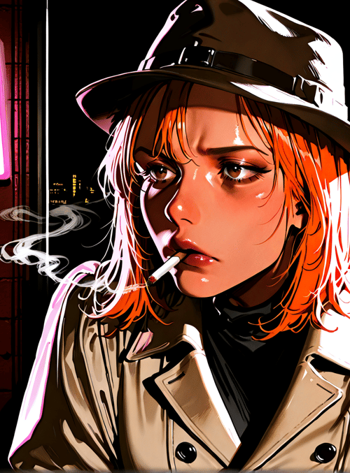 woman, hat, cigarette, coat, neon sign
