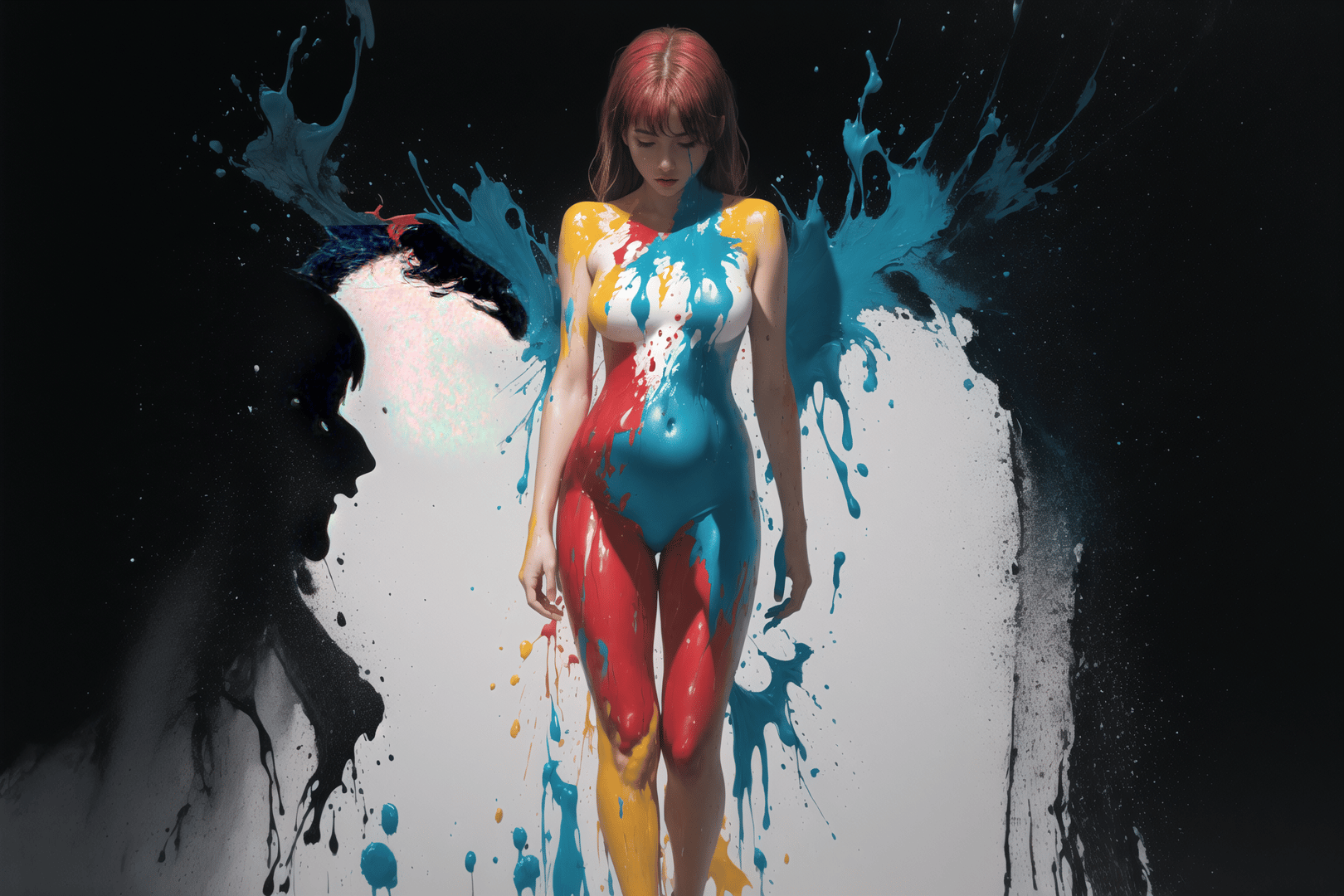 AI generated wallpaper featuring woman, paint, silhouette