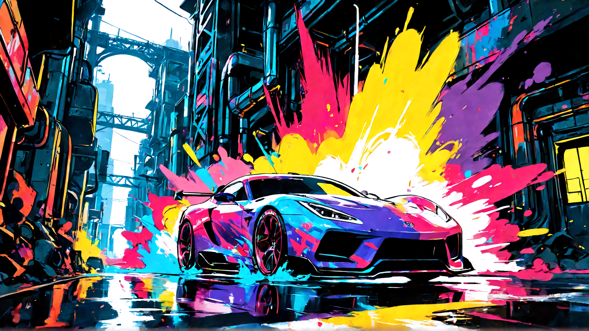 AI generated wallpaper featuring sports car, cityscape, paint splatter, street
