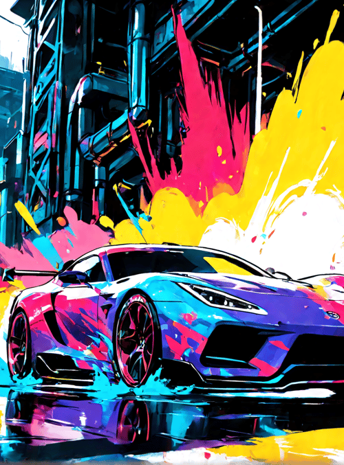 sports car, cityscape, paint splatter, street