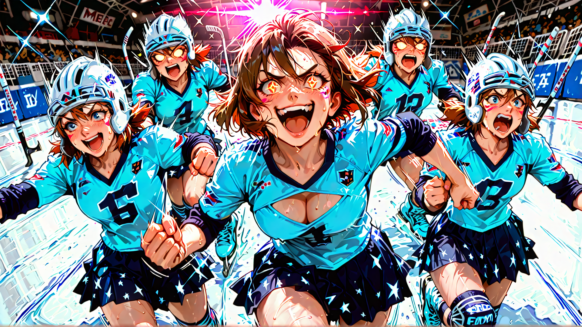 AI generated wallpaper featuring hockey players, athletes, team, ice, uniform, helmet, skates, stadium, fans, sweat