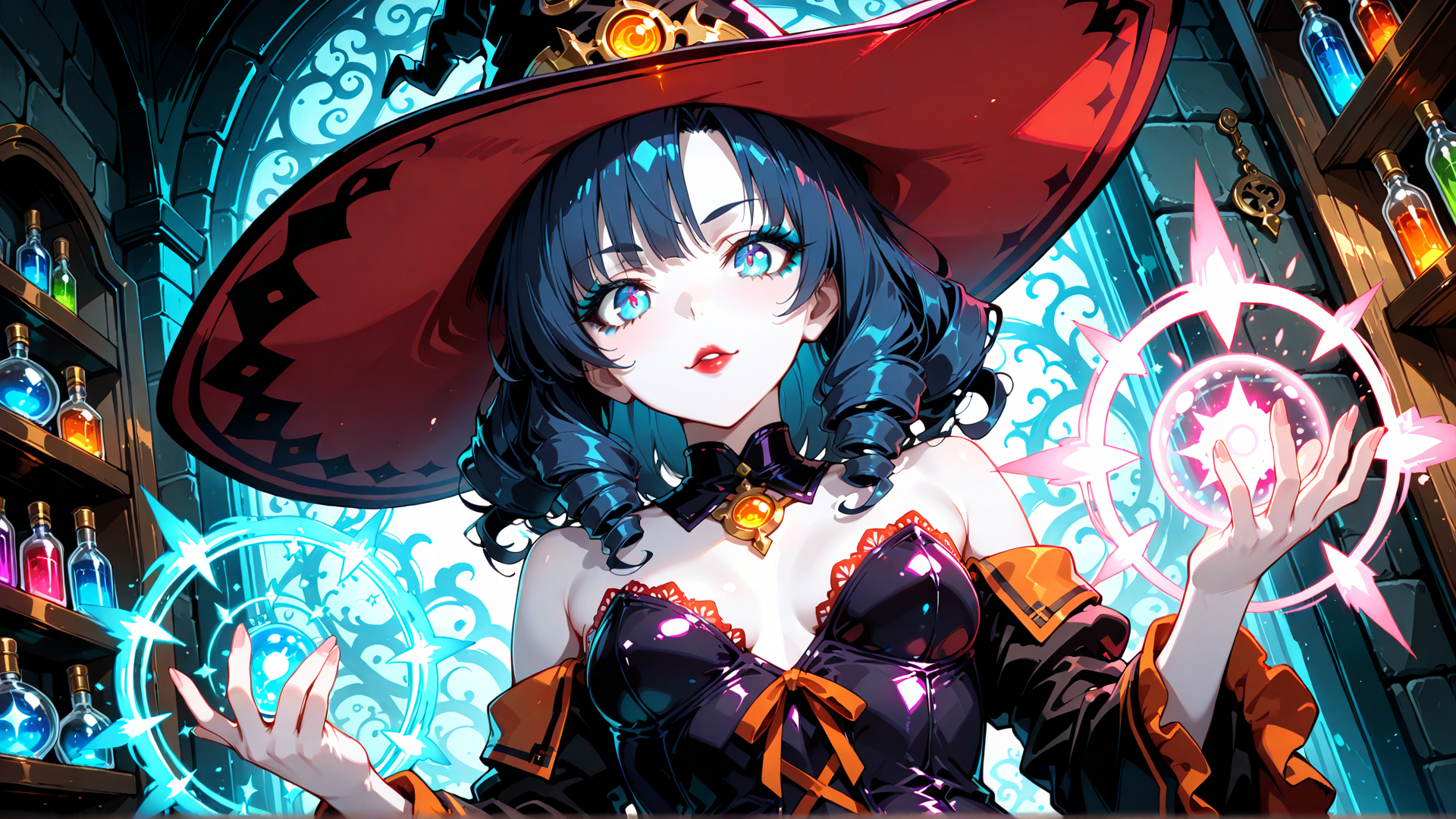 AI generated wallpaper featuring witch, girl, hat, bottle, magic, crystal, spell, dress, sorceress, crown