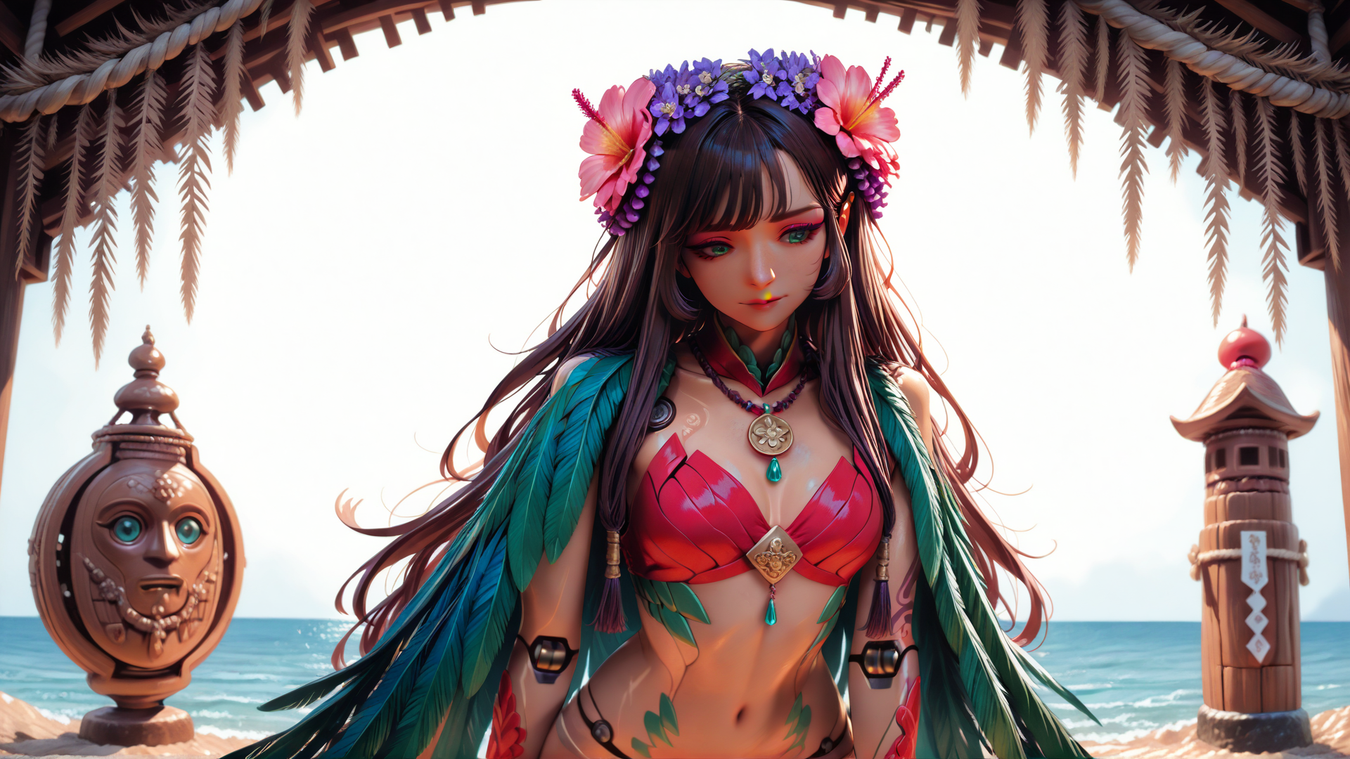 AI generated wallpaper featuring woman, beach, flowers, feathers, necklace, lantern, ocean