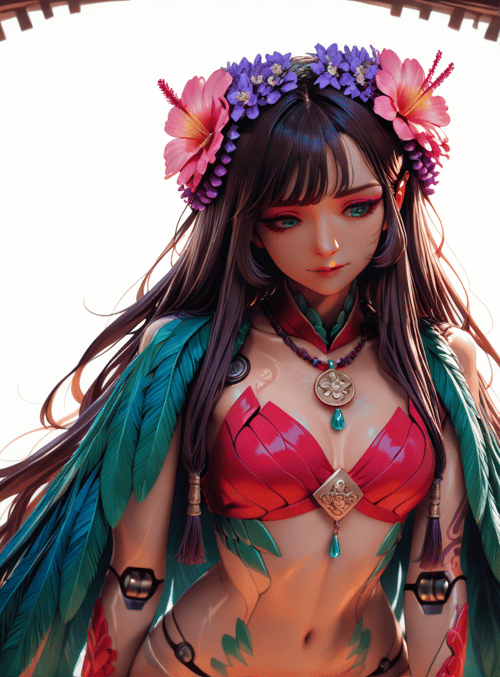 woman, beach, flowers, feathers, necklace, lantern, ocean