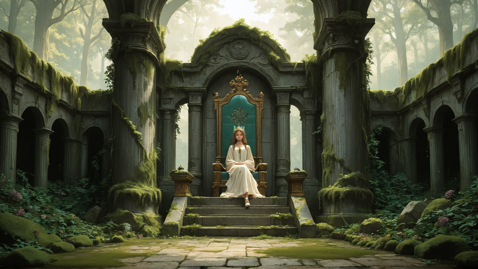 AI generated wallpaper featuring queen, ancient, ruins, forest, moss
