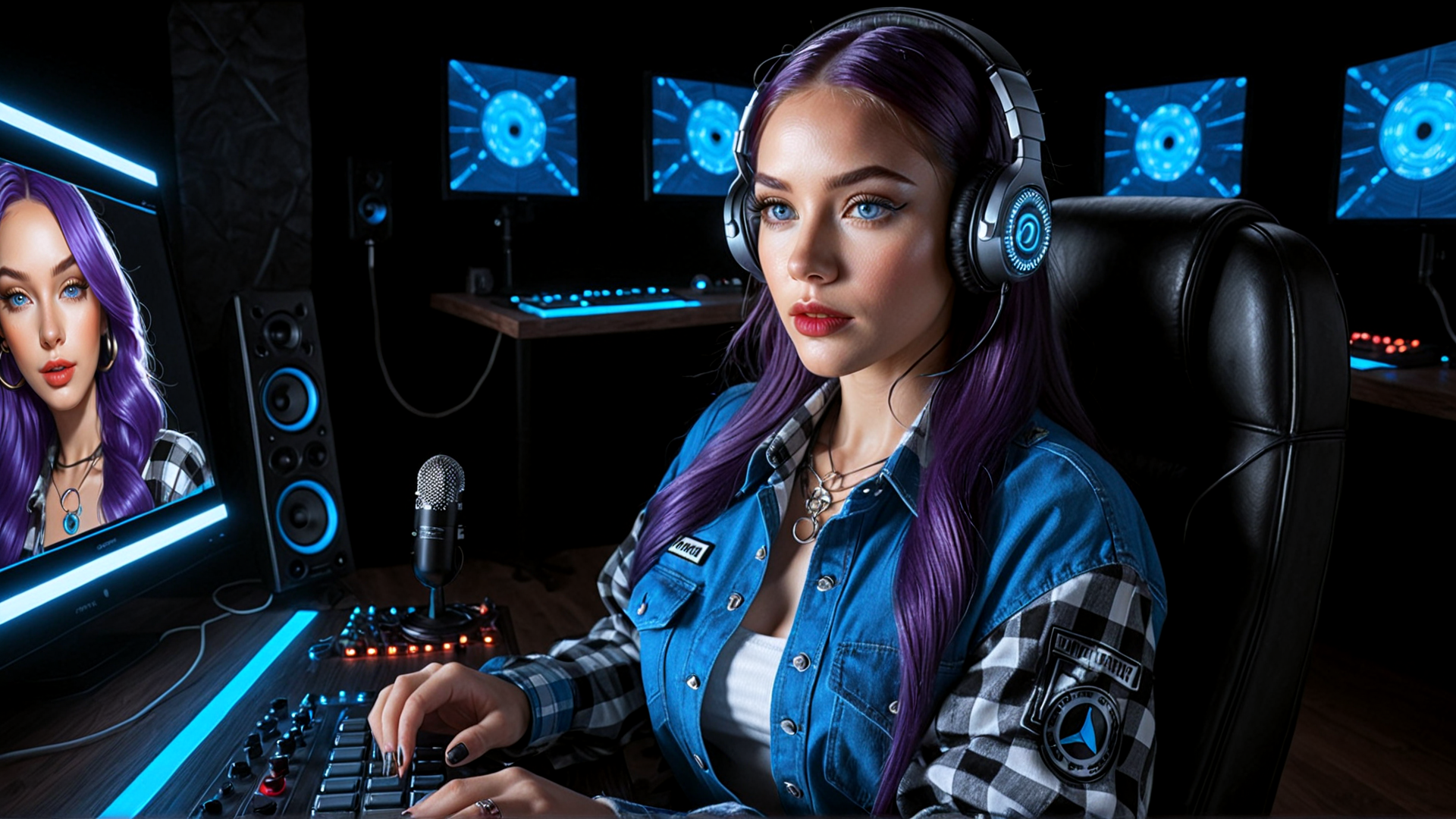 AI generated wallpaper featuring woman, gamer, streamer, headphones, computer, microphone, keyboard, monitor, speaker, chair