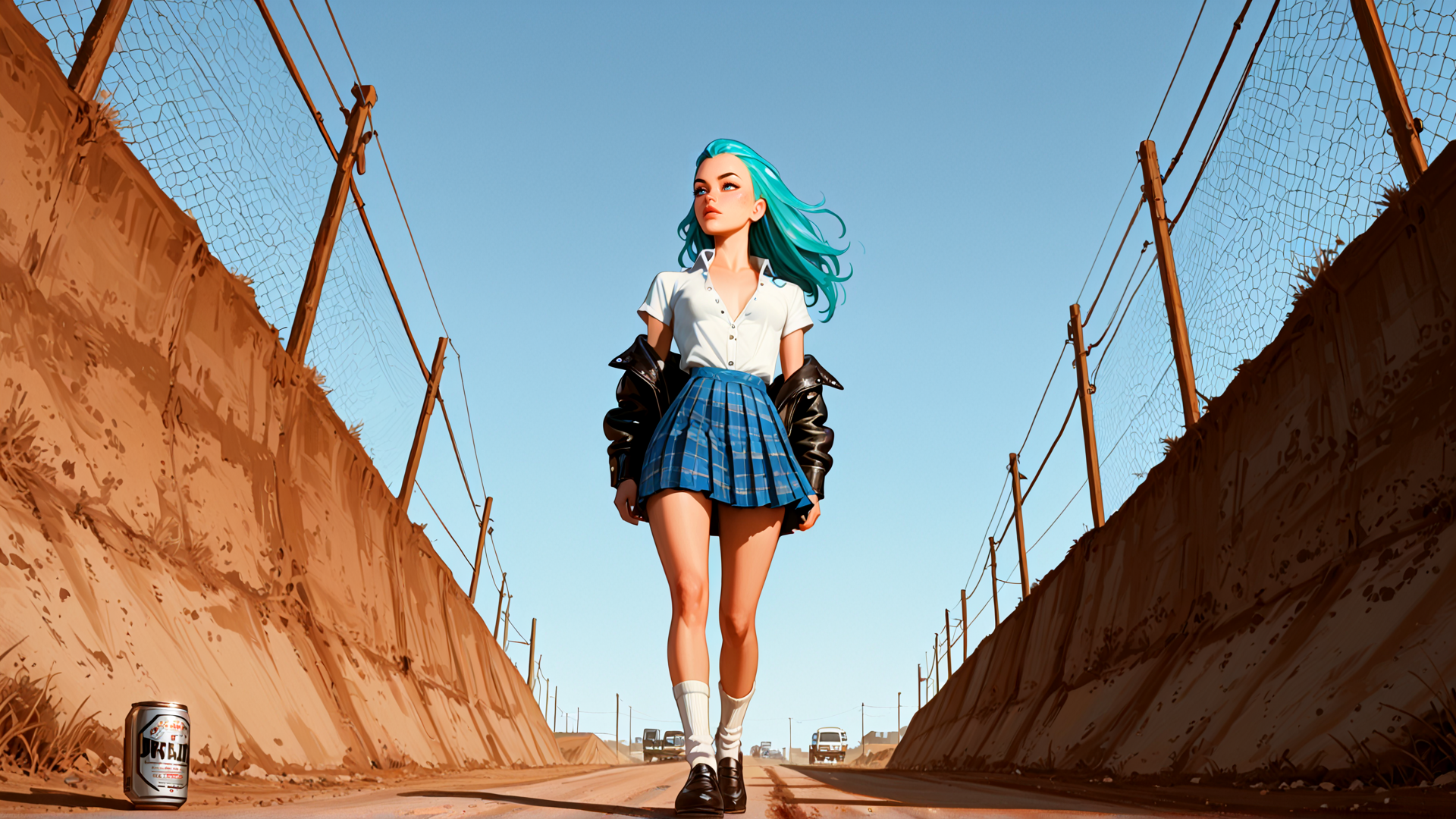 AI generated wallpaper featuring girl, fence, road, can, skirt, jacket, hair