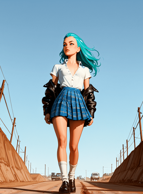 girl, fence, road, can, skirt, jacket, hair