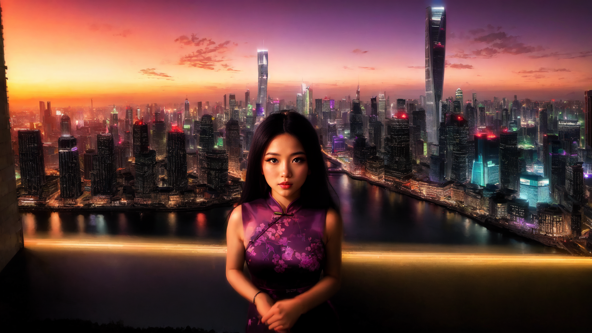 AI generated wallpaper featuring woman, cityscape, river
