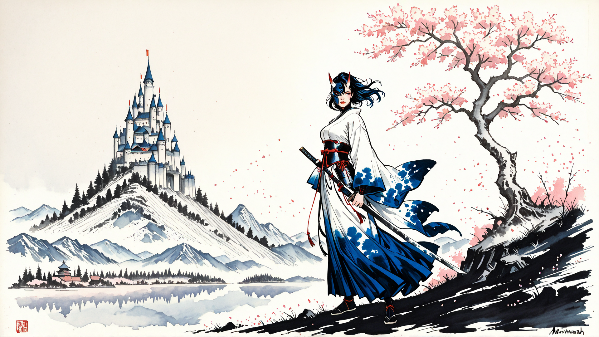 AI generated wallpaper featuring ninja, castle, cherry tree, mountain, sword, kimono, woman, nature, tree, snow
