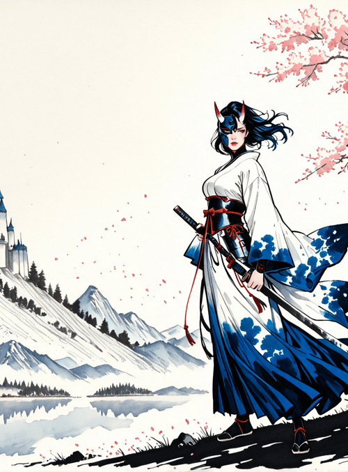 ninja, castle, cherry tree, mountain, sword, kimono, woman, nature, tree, snow