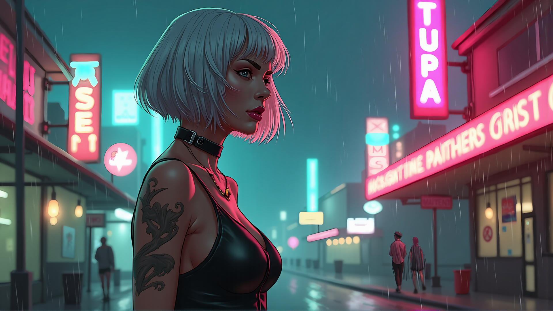 AI generated wallpaper featuring woman, tattoo, neon sign, street, rain, choker, city, signboard, building, raindrop