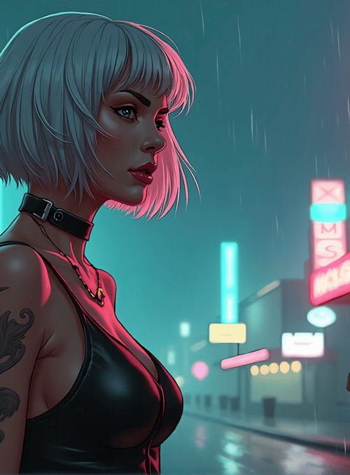 woman, tattoo, neon sign, street, rain, choker, city, signboard, building, raindrop
