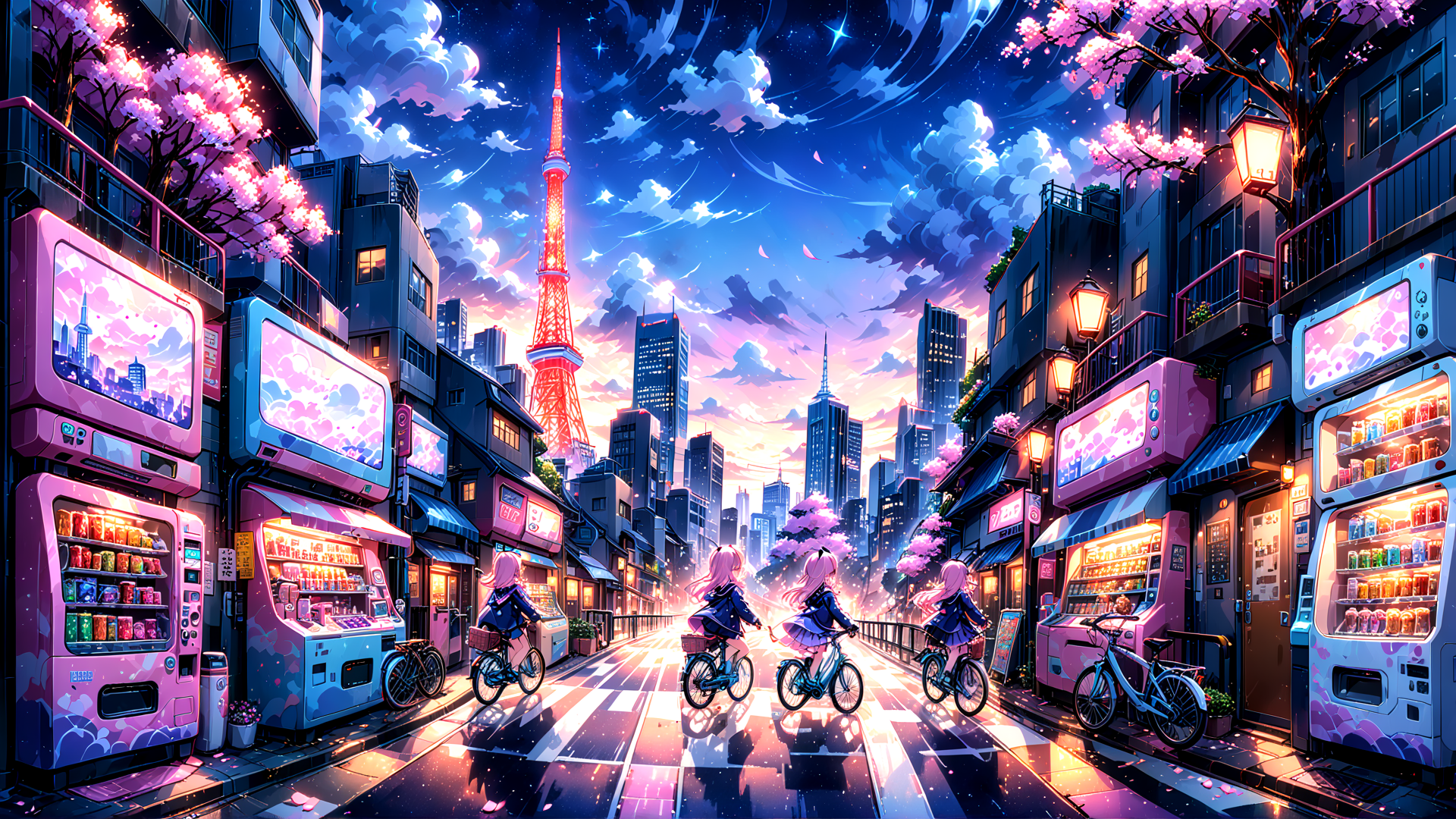 AI generated wallpaper featuring girls, bicycles, city