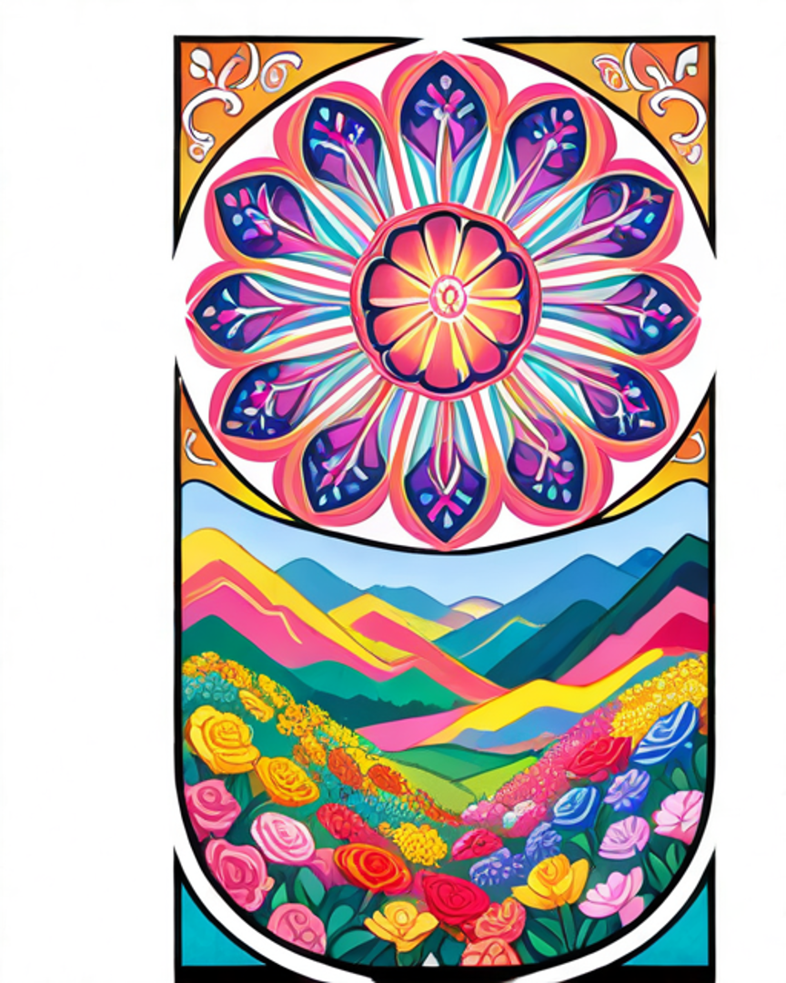 AI generated wallpaper featuring flower, mountain, landscape