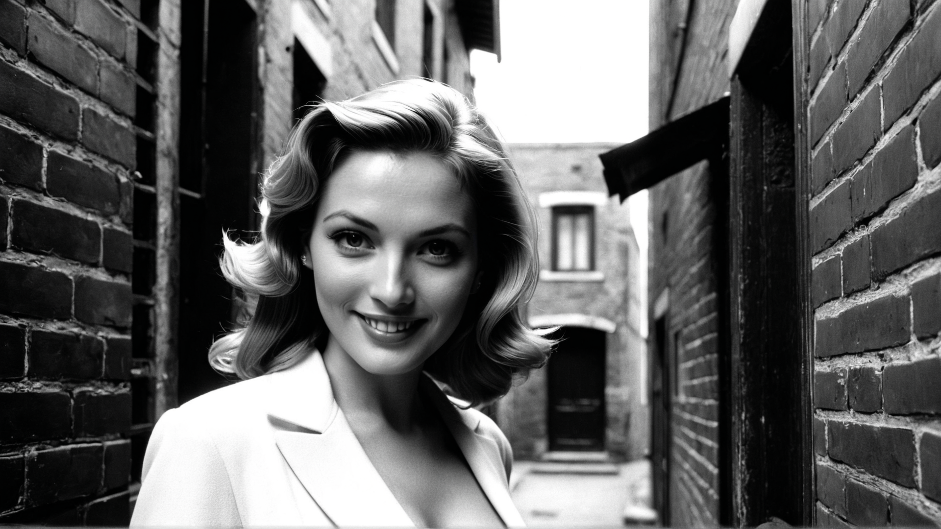 AI generated wallpaper featuring woman, alley, brick wall, building, coat