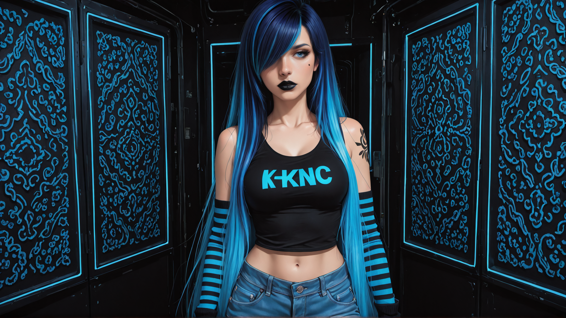 AI generated wallpaper featuring woman, hair, tattoo, top, jeans