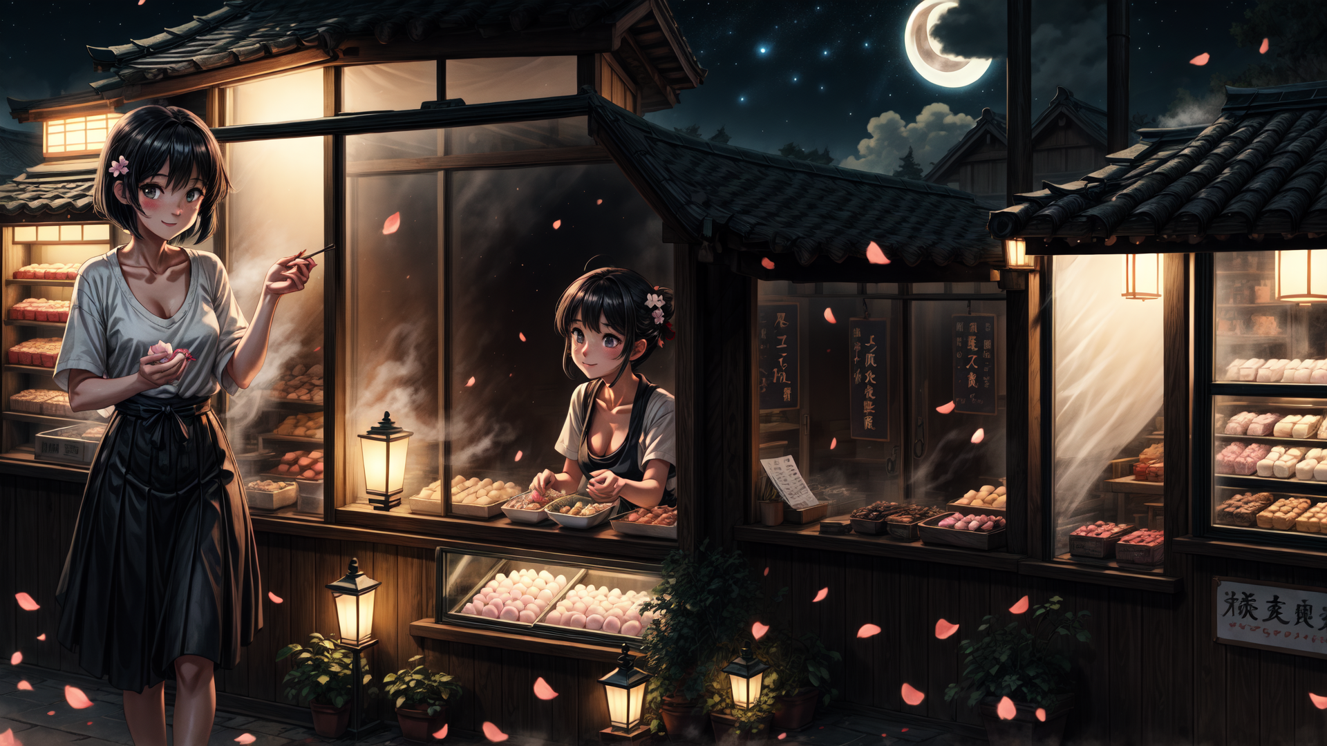 AI generated wallpaper featuring girl, shop, sweets, moon, cherry blossom, street, lantern, bakery, food, shopkeeper