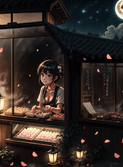 girl, shop, sweets, moon, cherry blossom, street, lantern, bakery, food, shopkeeper