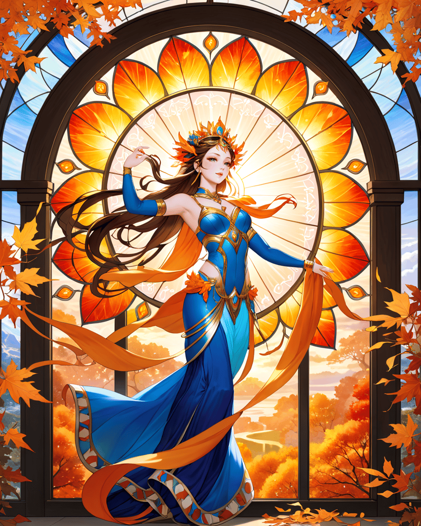 AI generated wallpaper featuring woman, queen, goddess, silk dress, autumn leaves, stained glass, sunflower, flying ribbon, crown, tree