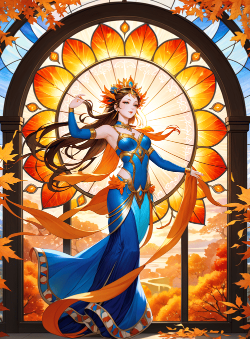 woman, queen, goddess, silk dress, autumn leaves, stained glass, sunflower, flying ribbon, crown, tree