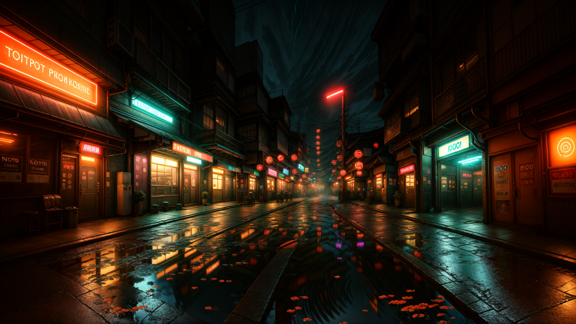 AI generated wallpaper featuring street, neon, buildings, lanterns, shops, rain, pavement, signs, reflection, city