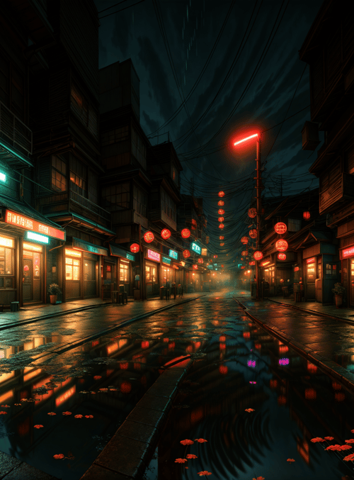 street, neon, buildings, lanterns, shops, rain, pavement, signs, reflection, city