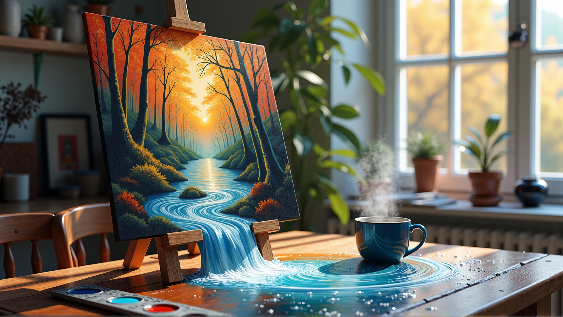 AI generated wallpaper featuring painting, forest, river, cup, paintbrush, mug, easel, plants, sun, water