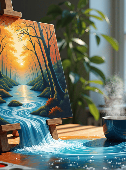 painting, forest, river, cup, paintbrush, mug, easel, plants, sun, water