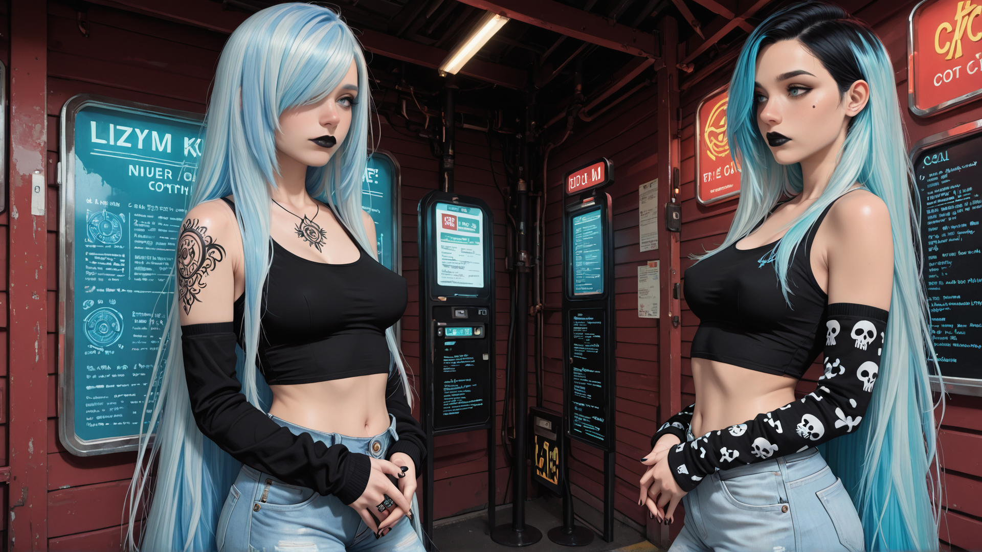 AI generated wallpaper featuring woman, cosplay, tattoo, skull, jeans, blacktop