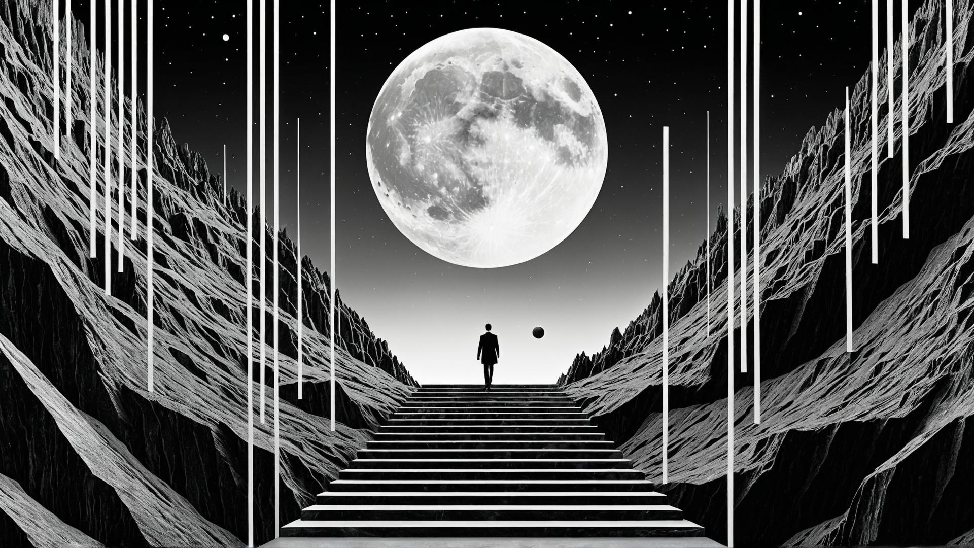 AI generated wallpaper featuring man, moon, stairs, mountains, stars