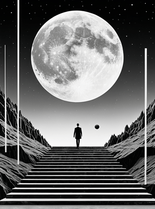 man, moon, stairs, mountains, stars