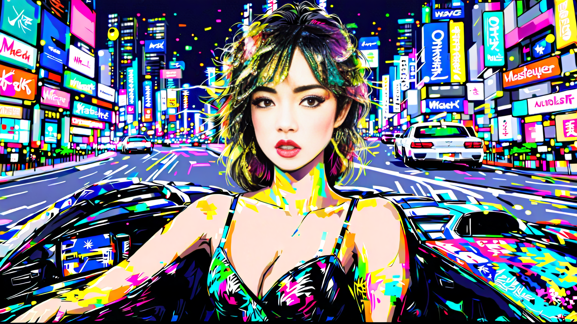 AI generated wallpaper featuring woman, cars, city