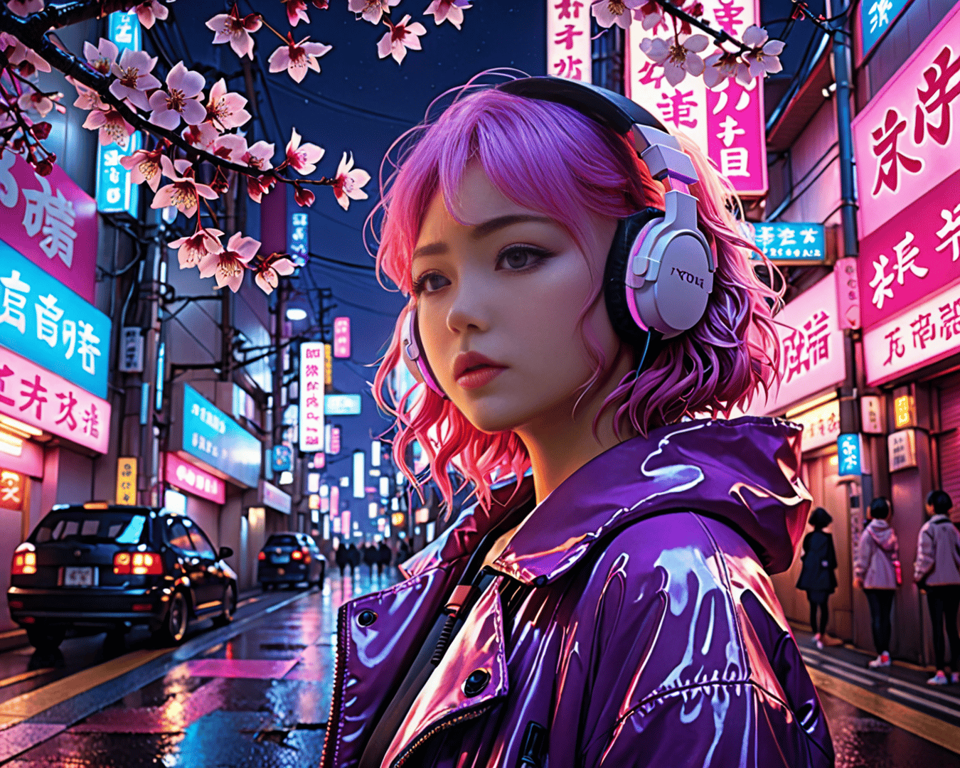 AI generated wallpaper featuring girl, headphones, street